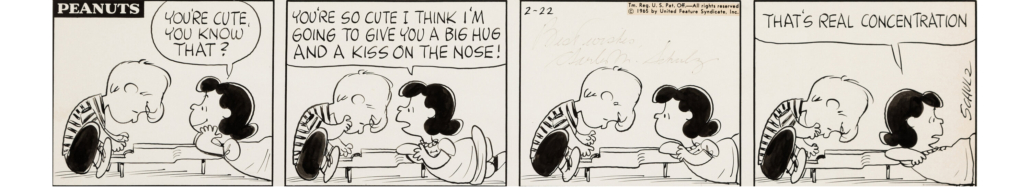 Original signed and inscribed 1965 ‘Peanuts’ daily strip, $31,200. Photo credit: Heritage Auctions, HA.com