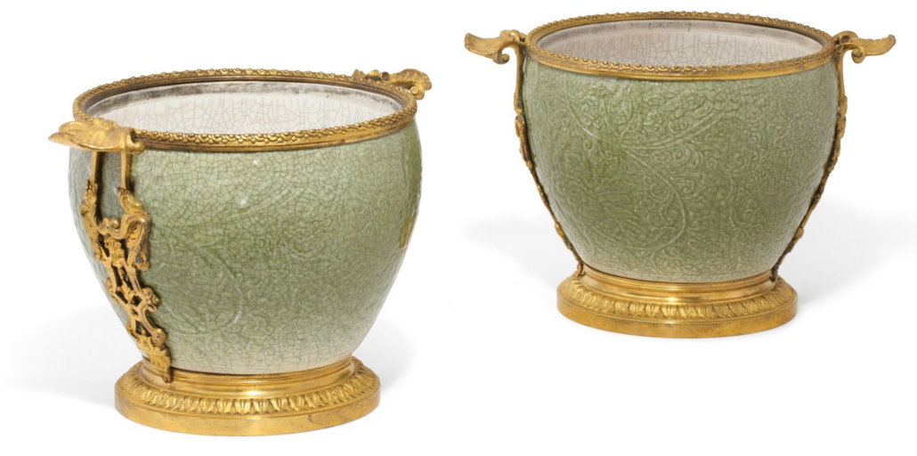 Pair of Chinese celadon crackle glazed porcelain cache pots, $10,000