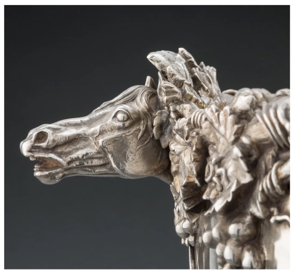 Detail shot of a horse head decoration on an 1881 Tiffany & Co partial-gilt silver punch bowl and ladle that doubled as a trophy. It achieved $95,000 plus the buyer’s premium in November 2020. Image courtesy of Heritage Auctions and LiveAuctioneers 