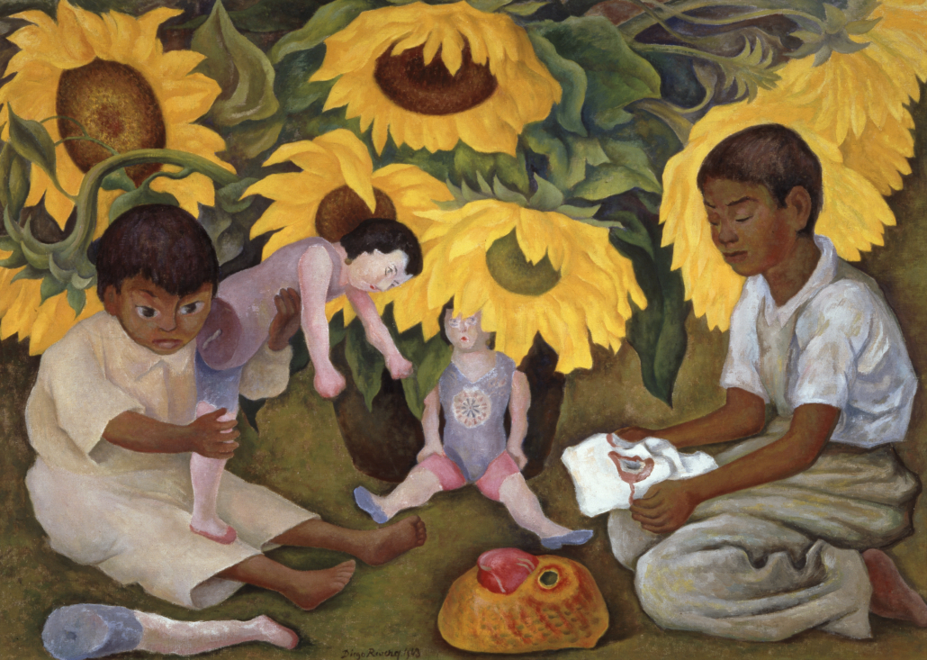 Diego Rivera (Mexican, 1886-1957) ‘Sunflowers,’ 1943. Oil on canvas, 35 ½ in by 51 ¼ in. (90cm by 130cm). The Jacques and Natasha Gelman Collection of 20th Century Mexican Art and the Vergel Foundation. © 2021 Banco de Mexico Diego Rivera Frida Kahlo Museums Trust, Mexico, D.F. / Artists Rights Society (ARS), New York