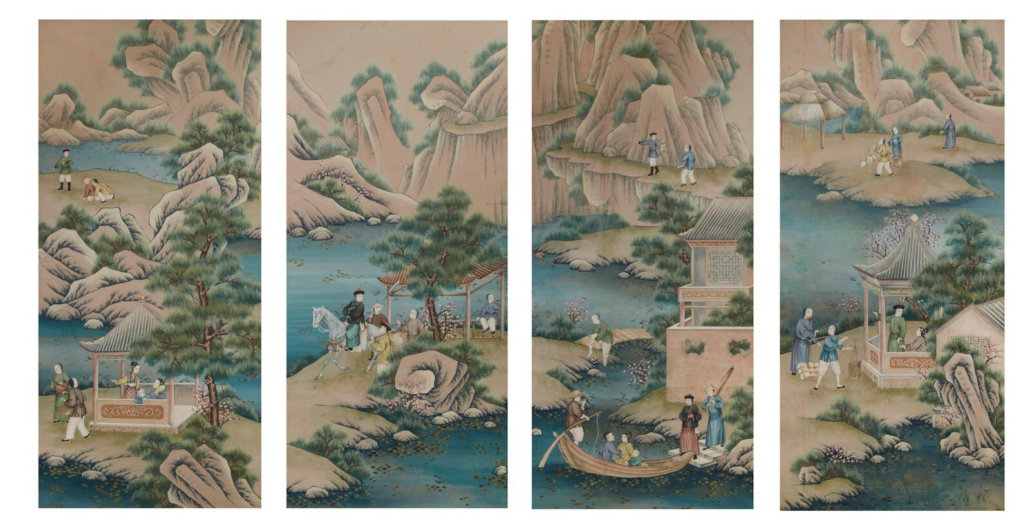 Set of four English Chinoiserie decorated wall paper panels, $17,500