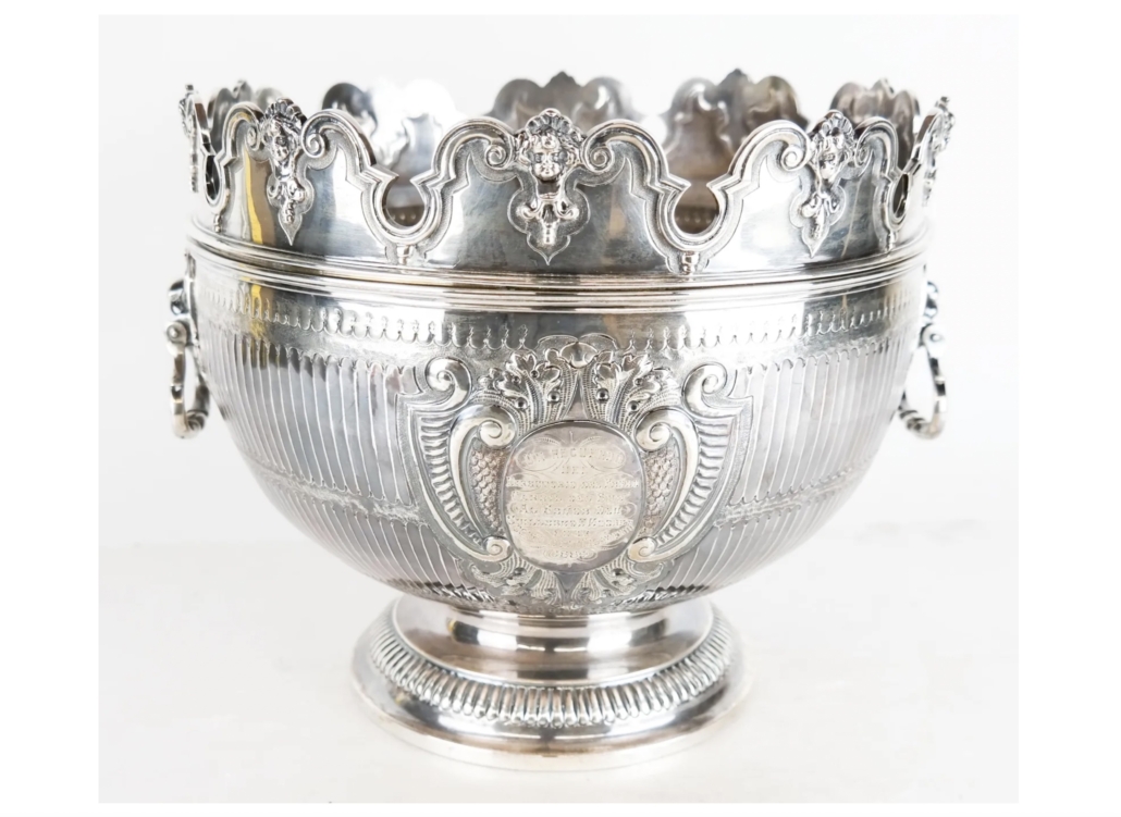 An 1884 English silver punch bowl with removable monteith rim sold for $4,000 plus the buyer’s premium in August 2021. Image courtesy of Roland NY and LiveAuctioneers