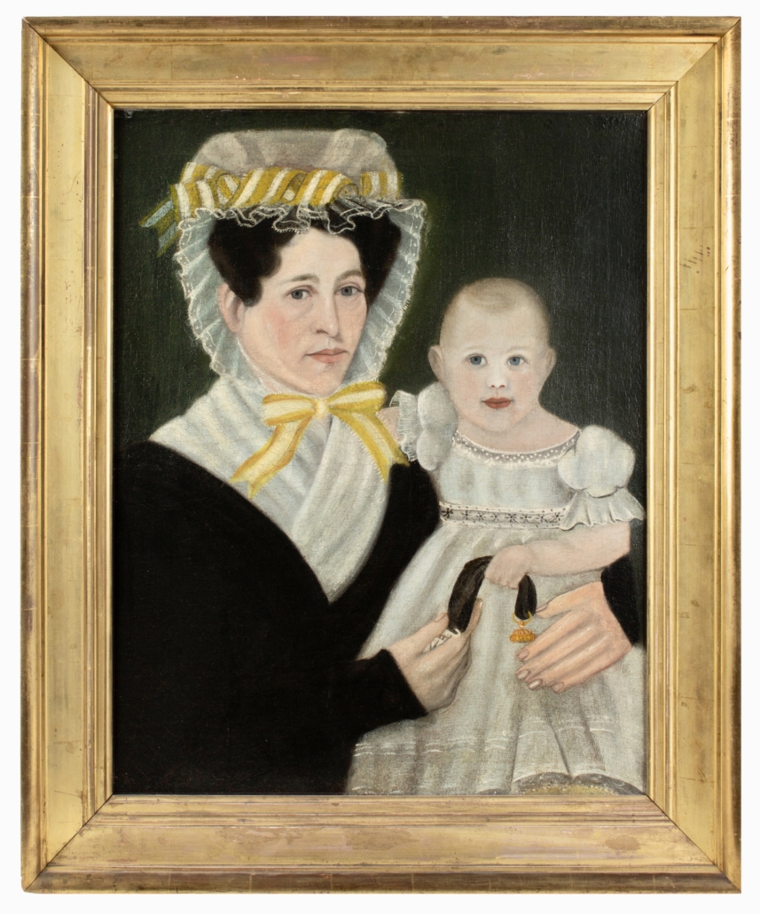 Unknown Artist, ‘Mother and Child Holding Pocket Watch,’ circa 1830. New England folk art portrait, oil on canvas, period gilt frame.