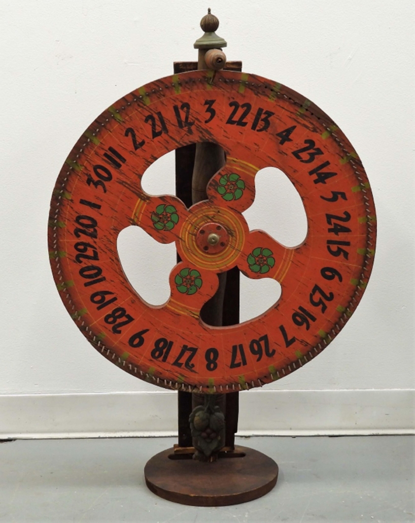 Large American folk art game wheel, est. $500-$800