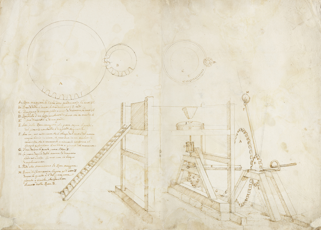 Francisco di Giorgio Martini and Workshop, two drawings of machinery, $61,250