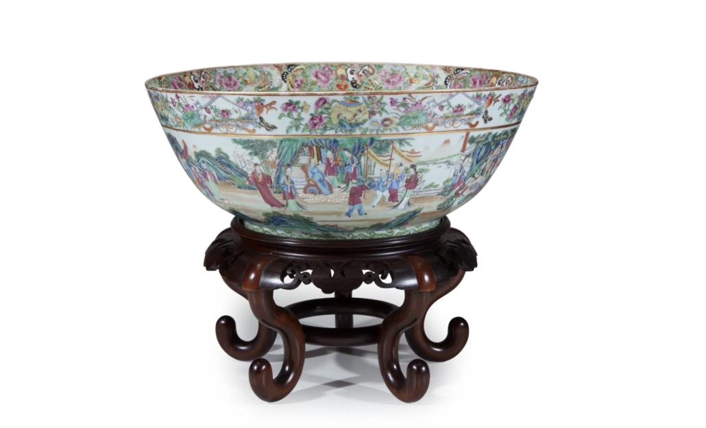 A 19th-century Chinese Export porcelain rose mandarin punch bowl with wooden stand realized $11,000 plus the buyer’s premium in July 2020. Image courtesy of Freeman’s and LiveAuctioneers
