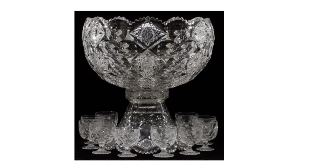 A circa-1900 Hawkes Queens pattern brilliant cut glass punch bowl set with 12 pedestal cups sold for $17,000 plus the buyer’s premium in September 2014. Image courtesy of DuMouchelles and LiveAuctioneers