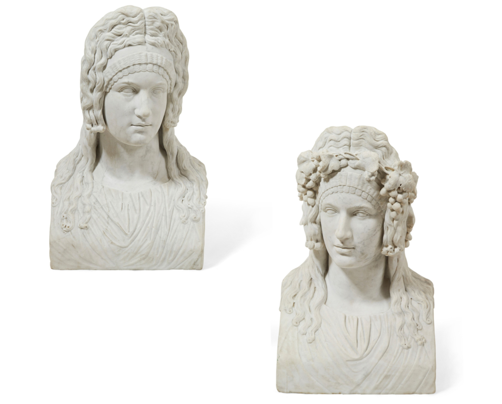 Pair of Italian Carrara marble busts of classical women, $22,500