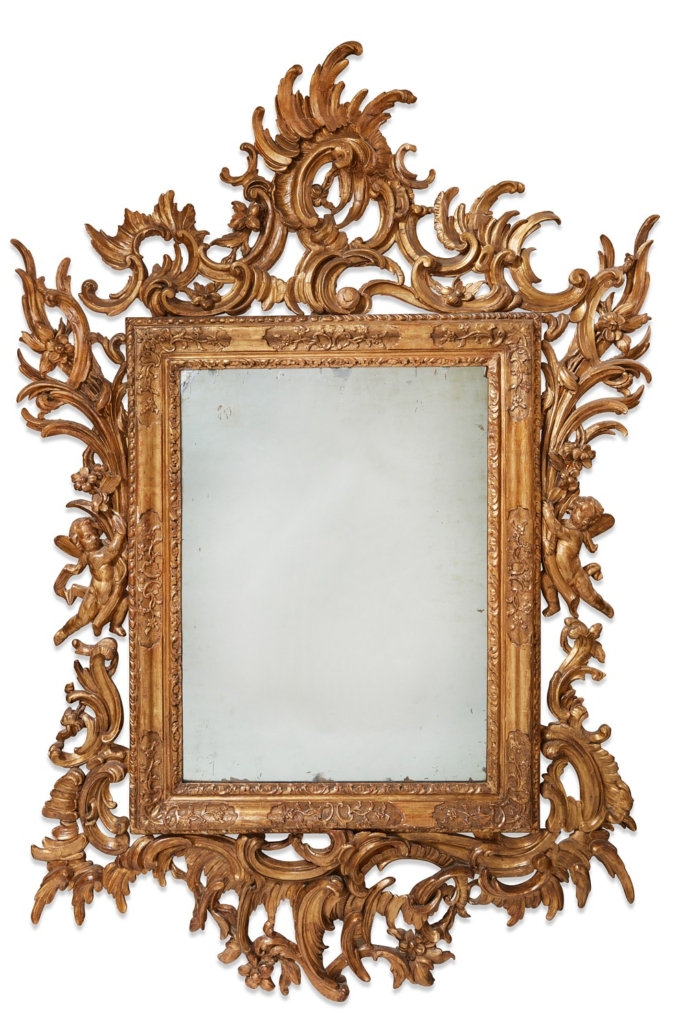 Monumental Italian rococo giltwood mirror, $12,500