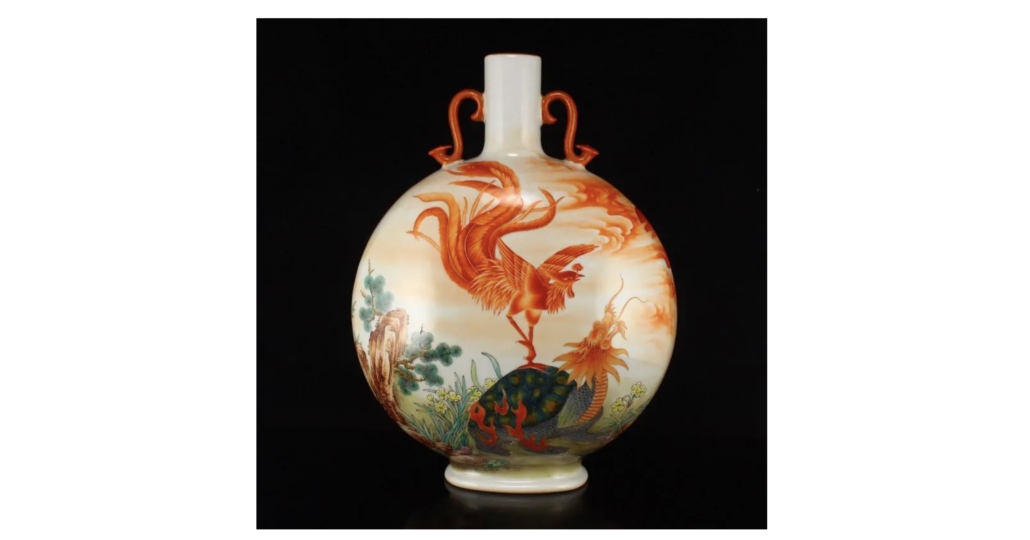 Chinese porcelain gilt edge iron red glaze Phoenix and Dragon Turtle design vase, est. $1,500-$2,000