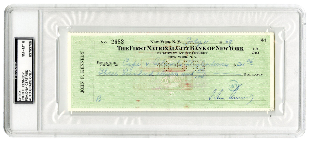 1960 check that John F. Kennedy signed to a Massachusetts charter airline company, est. $15,000-$16,000