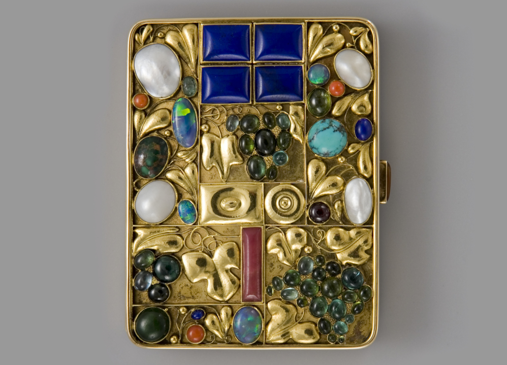 Josef Hoffmann (1870-1956), Tobacco case acquired by Otto Primavesi, 1912, Execution: Wiener Werkstatte, model no. G 1705, gold, amber, coral, garnet, lapis lazuli, mother-of-pearl, opal, quartz, rhodochrosite, tourmaline and turquoise. Private collection