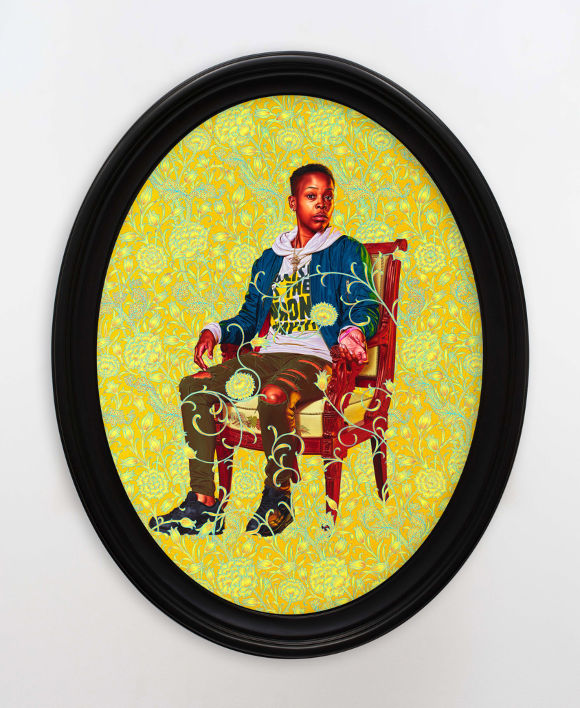 Kehinde Wiley, ‘Portrait of Melissa Thompson,’ 2020. Oil on linen, 265.5 by 201.8cm (104 1/2in by 79 1/2in). Copyright Kehinde Wiley. Courtesy the artist and Stephen Friedman Gallery, London. Photo by Todd-White Art Photography.