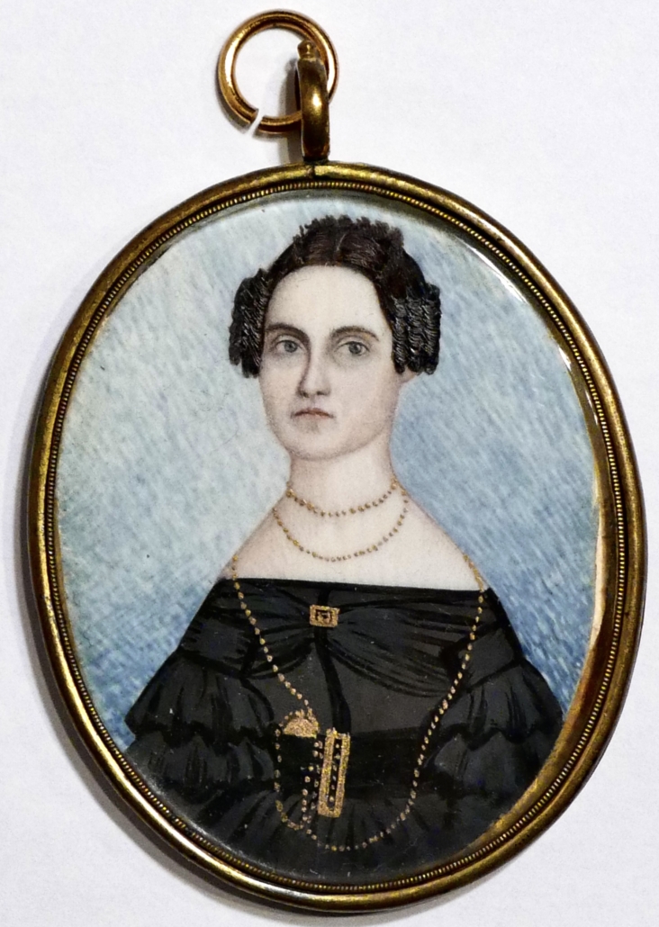 Samuel P. Howes, (1806-1881, attr.) Miniature of Young Woman with Watch, circa 1840. Painted on ivory, original gilded copper oval pendant frame. 