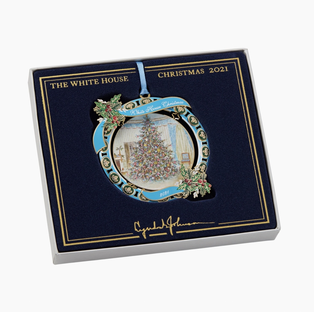 The 2021 official White House Christmas ornament, shown in its packaging. Image courtesy of the White House Historical Association