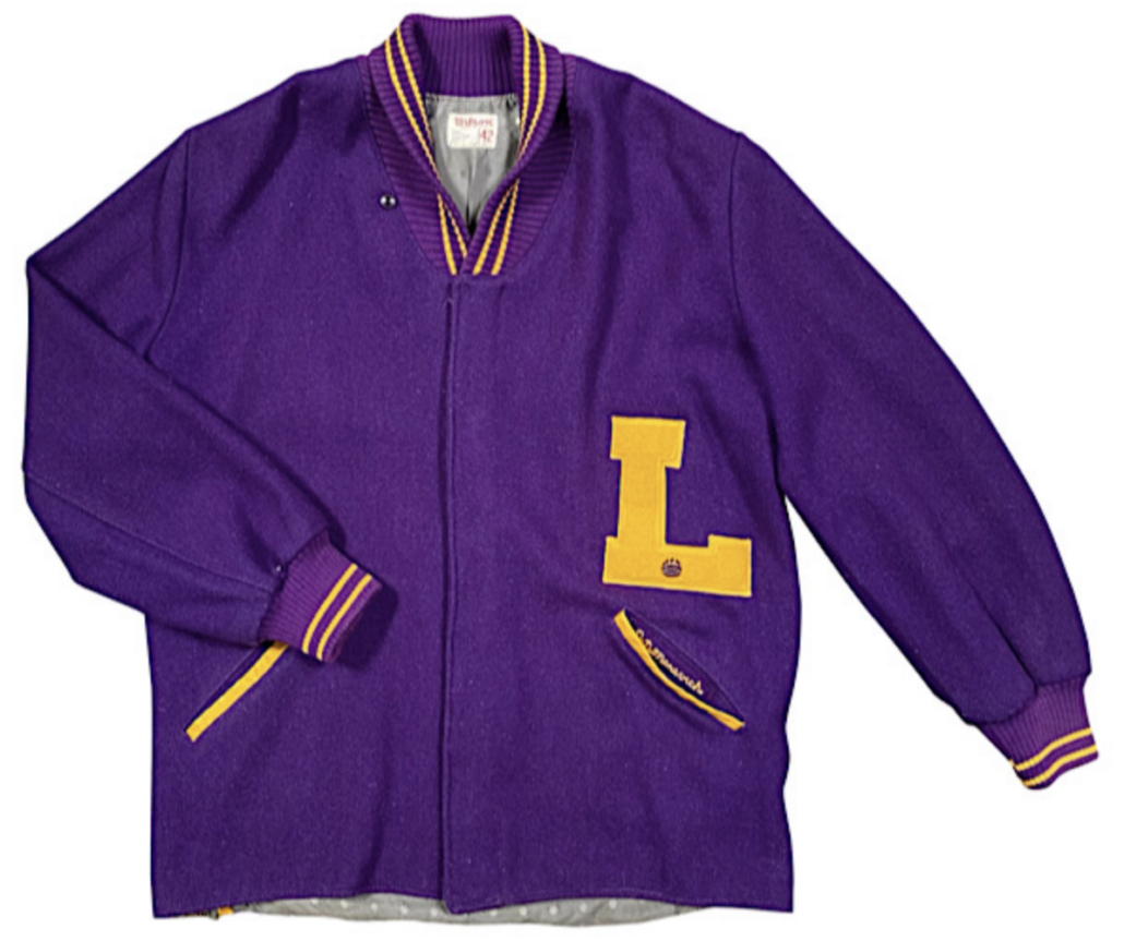 The letterman jacket that basketball great “Pistol” Pete Maravich wore for three years at Louisiana State University sold for $116,924 in December 2021. Photo credit: Grey Flannel Auctions