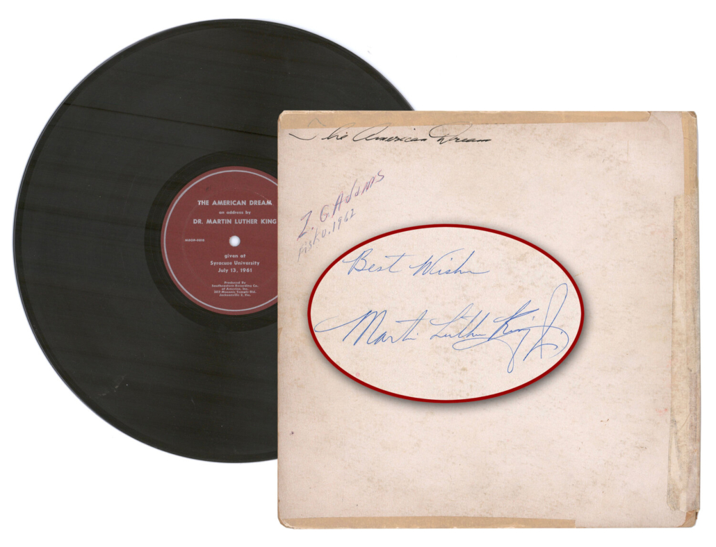 Dr. Martin Luther King, Jr.-signed record cover, with an original recording of his “The American Dream” speech delivered at Syracuse University in July 1961, est. $6,000-$7,000