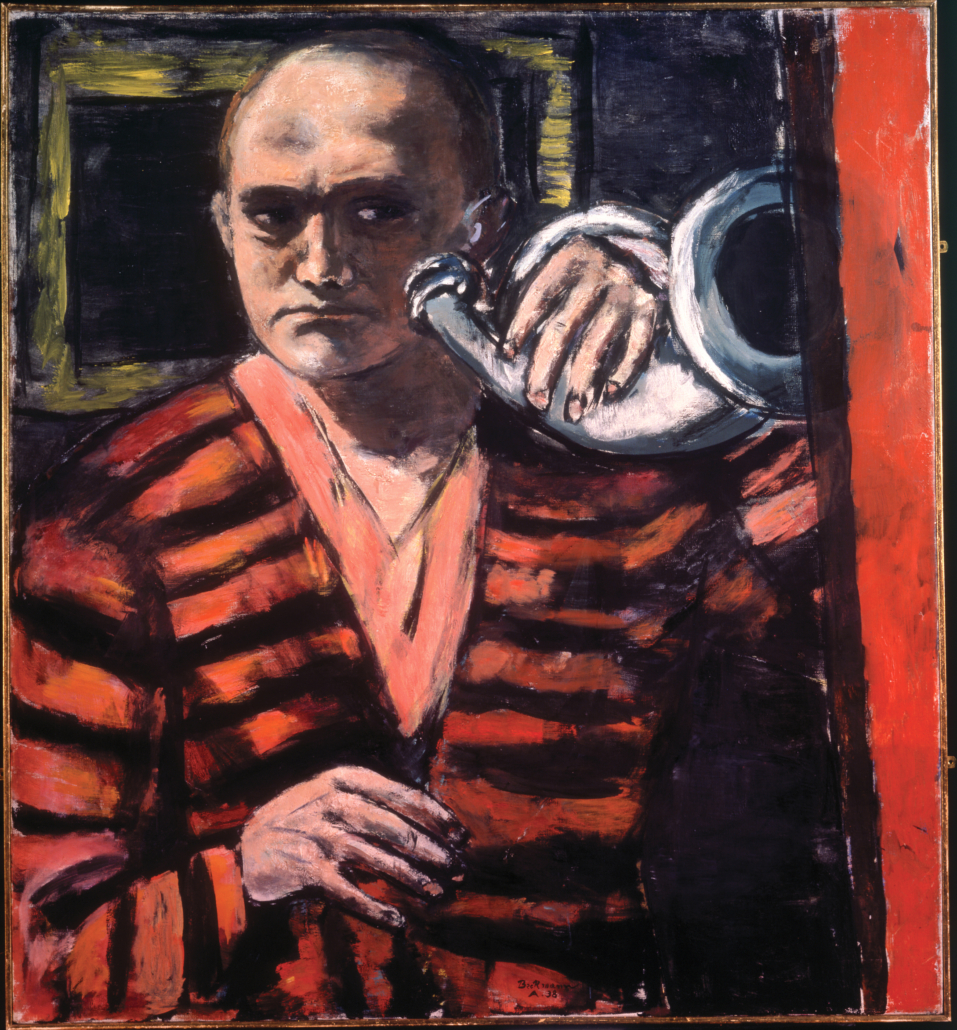 Max Beckmann (1884–1950), ‘Self-Portrait with Horn,’ 1938, oil on canvas. Neue Galerie New York and private collection. © 2021 Artists Rights Society (ARS), New York. Copyright © 2021 Neue Galerie New York