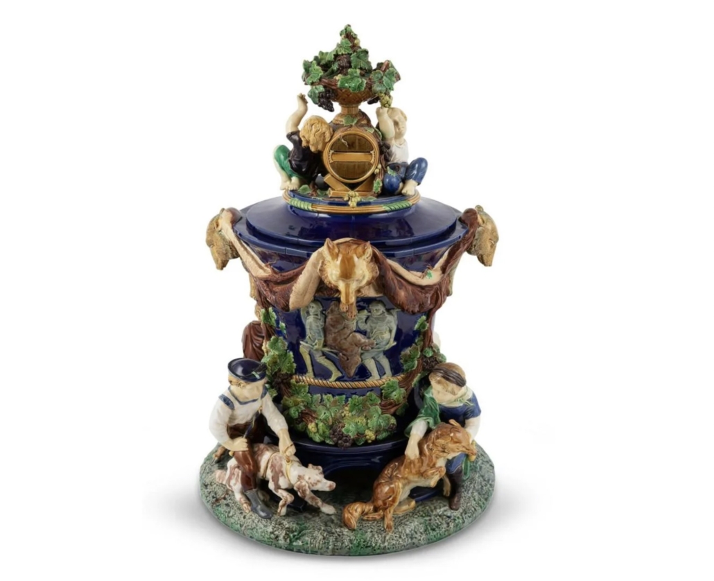 Minton Majolica cobalt blue ground Victoria wine cooler and cover, $81,900
