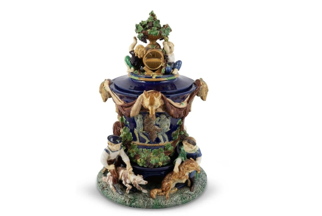 Minton majolica cobalt-blue ground Victoria wine cooler and cover, est. $30,000-$50,000. Image courtesy of Doyle