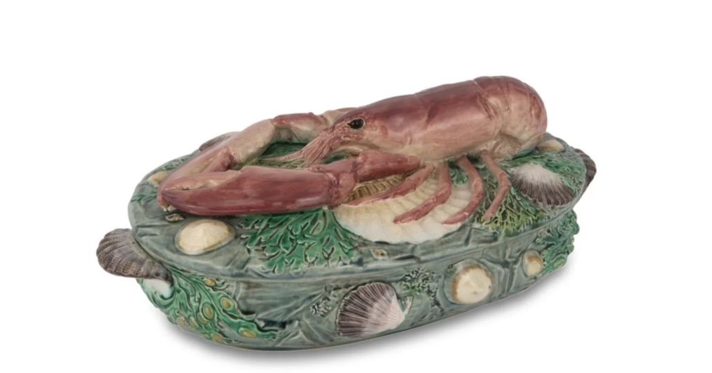 Minton majolica turquoise ground lobster tureen and cover, est. $10,000-$15,000. Image courtesy of Doyle