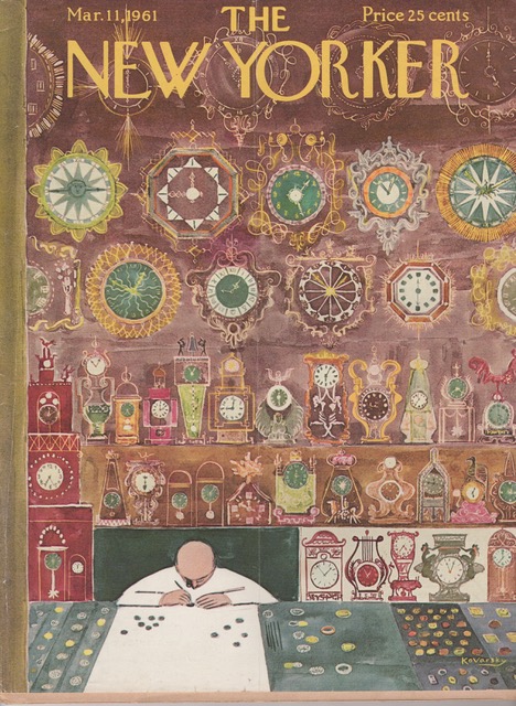 Anatol Kovarsky (1919-2016), ‘Clockmaker.’ Original cover art for the March 11, 1961, issue of the New Yorker, graphite and watercolor on paper with collage. The artist and illustrator was a fixture at the magazine throughout the 1960’s as a cartoonist and cover artist. 