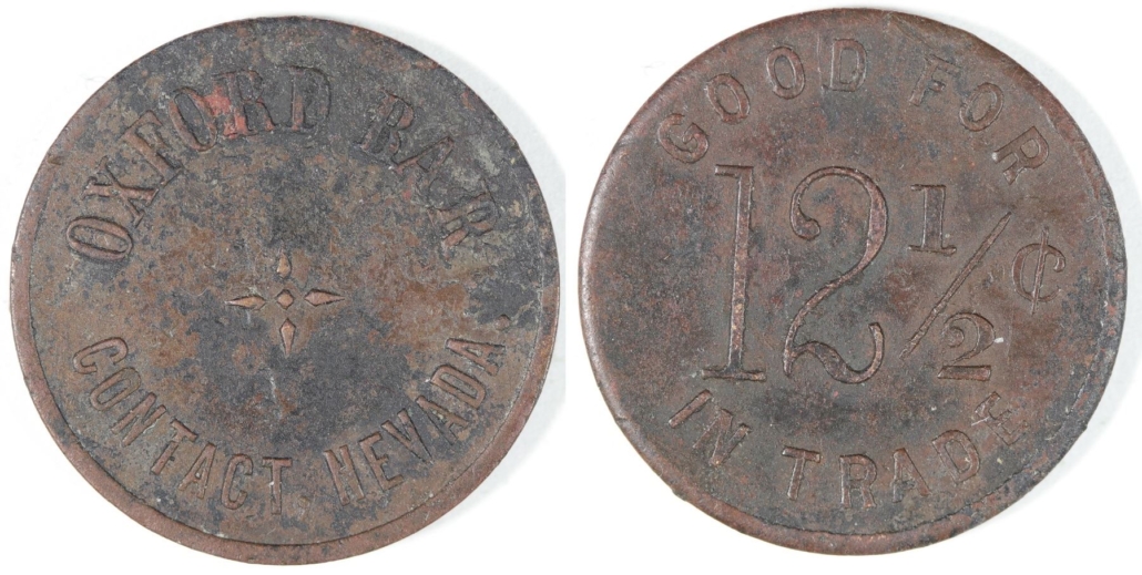 Round brass 12 ½-cent token for the Oxford Bar in Contact, Nevada, $1,952