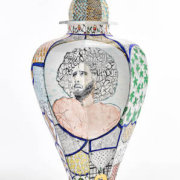 Roberto Lugo (American, b. 1981-), ‘The Expulsion of Colin Kaepernick and John Brown,’ 2017. Porcelain, china paint, luster, 47in by 24in by 24 in. (installed). Indianapolis Museum of Art at Newfields, Martha Delzell Memorial Fund, 2019.15A-B © Roberto Lugo. Courtesy of Wexler Gallery.