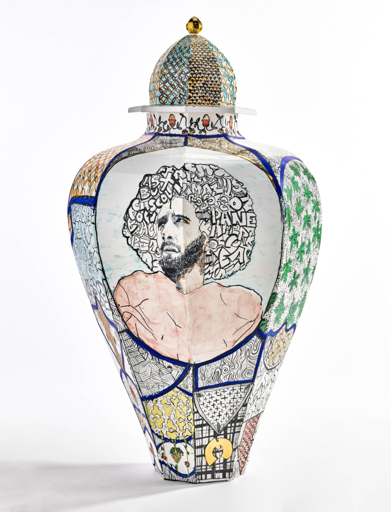 Roberto Lugo (American, b. 1981-), ‘The Expulsion of Colin Kaepernick and John Brown,’ 2017. Porcelain, china paint, luster, 47in by 24in by 24 in. (installed). Indianapolis Museum of Art at Newfields, Martha Delzell Memorial Fund, 2019.15A-B © Roberto Lugo. Courtesy of Wexler Gallery. 
