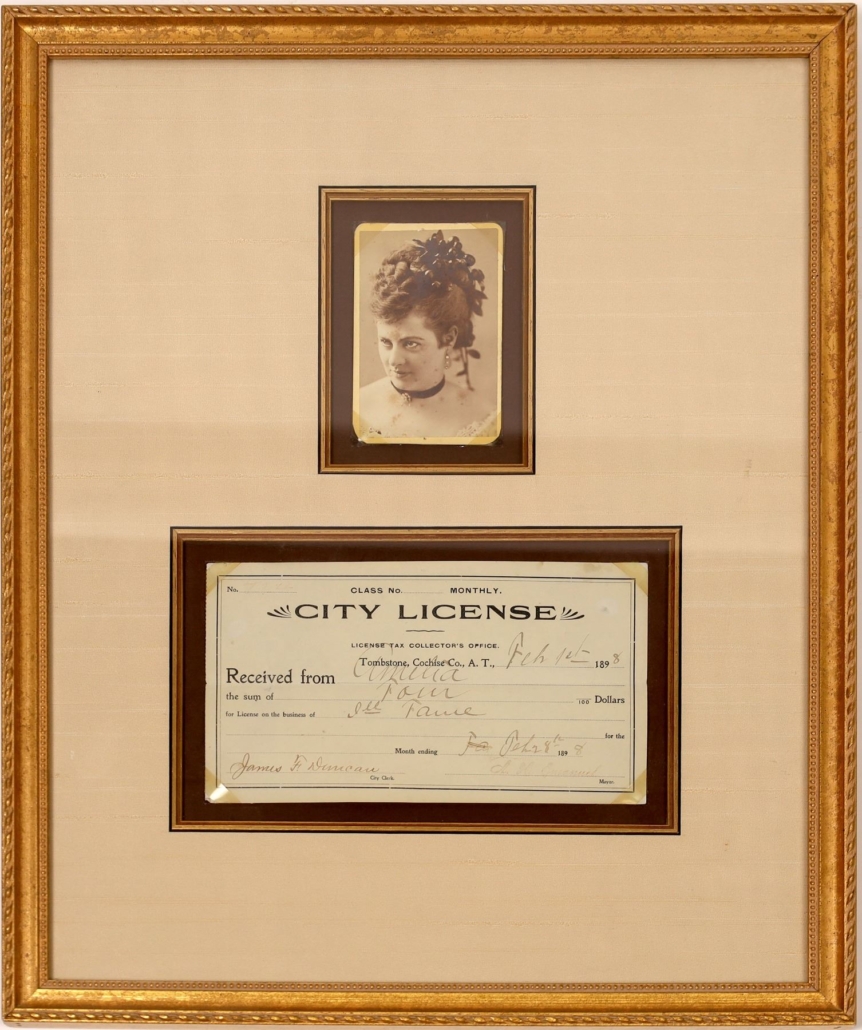 Prostitute license from 1898, with carte de visite of a woman named Amelia, issued by officials of Tombstone, Arizona Territory, $2,250