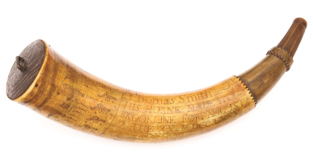 Revolutionary War powder horn from 1775, owned by Siege of Boston minute man Thomas Smith, $44,280