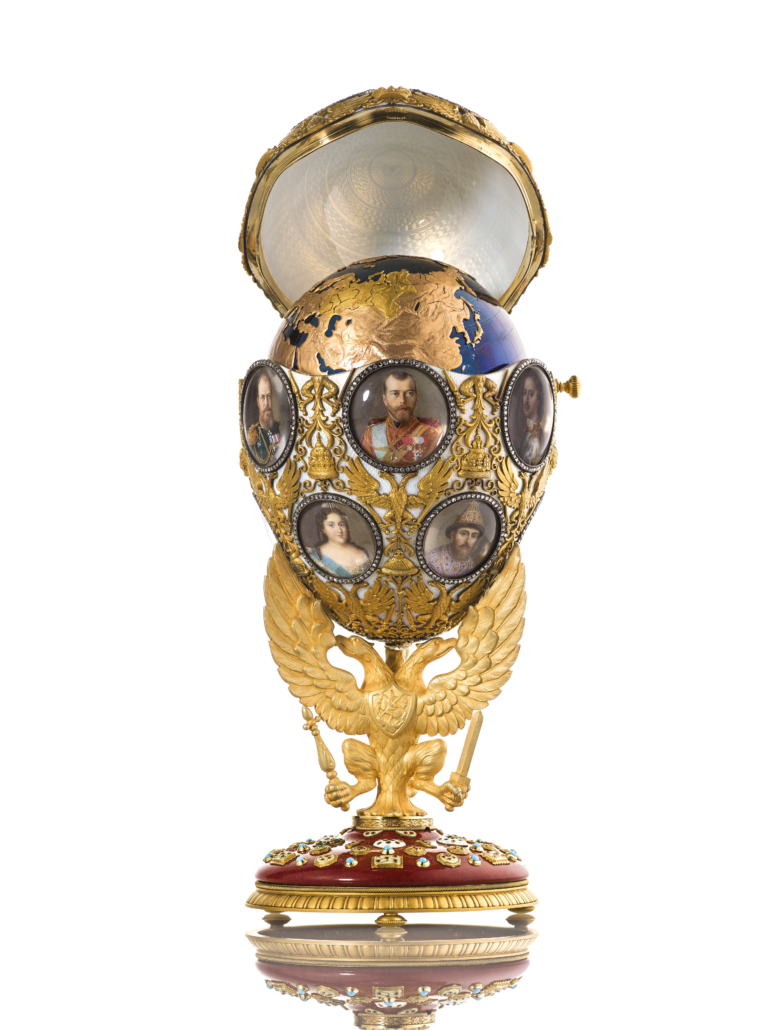 Romanov Tercentenary Egg, Faberge. Chief Workmaster Henrik Wigstrom (1862-1923), egg made from gold, silver, diamonds, turquoise, rock crystal, purpurine, enamel, watercolor on ivory; surprise made of steel, varicolored gold, and enamel. 1913. © The Moscow Kremlin Museums 