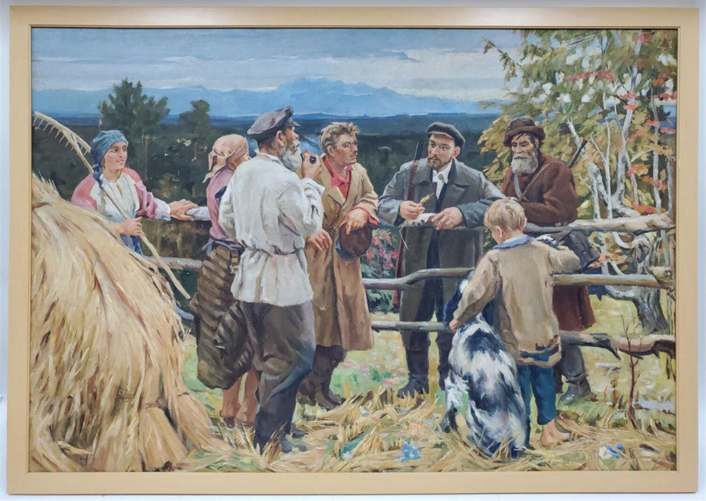 Russian monumental oil on canvas painting, apparently unsigned, titled ‘Lenin Talking to Farmers,’ est. $800-$1,200