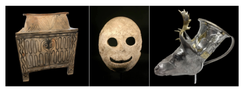 Pictured (from left to right): The Larnax, a death mask, and the Stag’s Head Rhyton. Hedge fund manager Michael Steinhardt surrendered the three and more in a deal that permitted him to return $70 million worth of stolen antiquities and accept a lifetime ban on acquiring antiquities. Images courtesy of the Manhattan district attorney’s office.