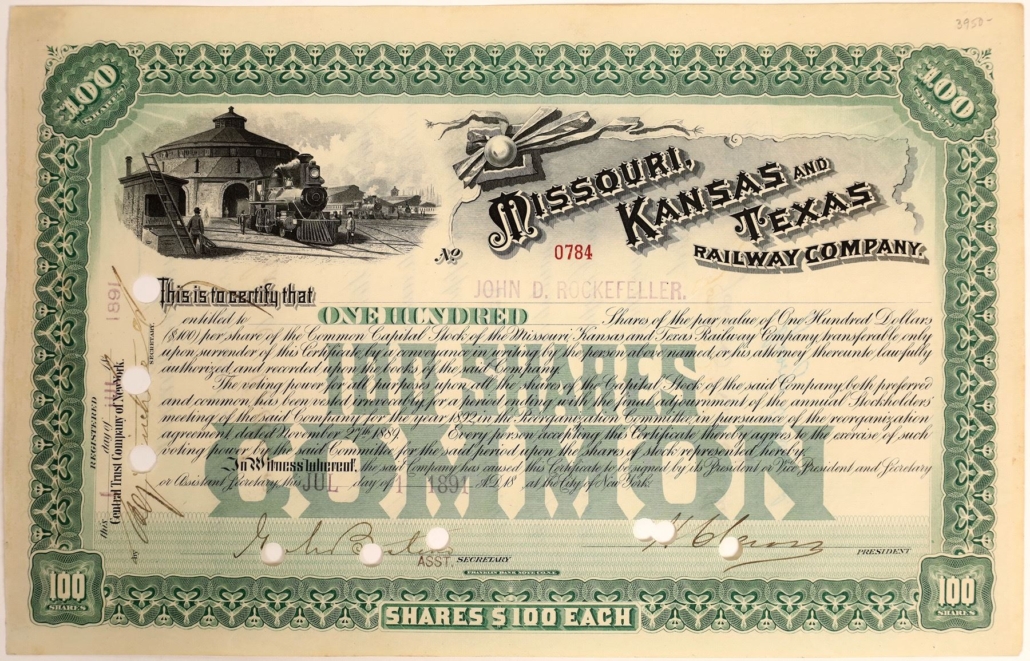 1891 stock certificate for the Missouri, Kansas and Texas Railway Company, issued to John D. Rockefeller and signed by Rockefeller, $750
