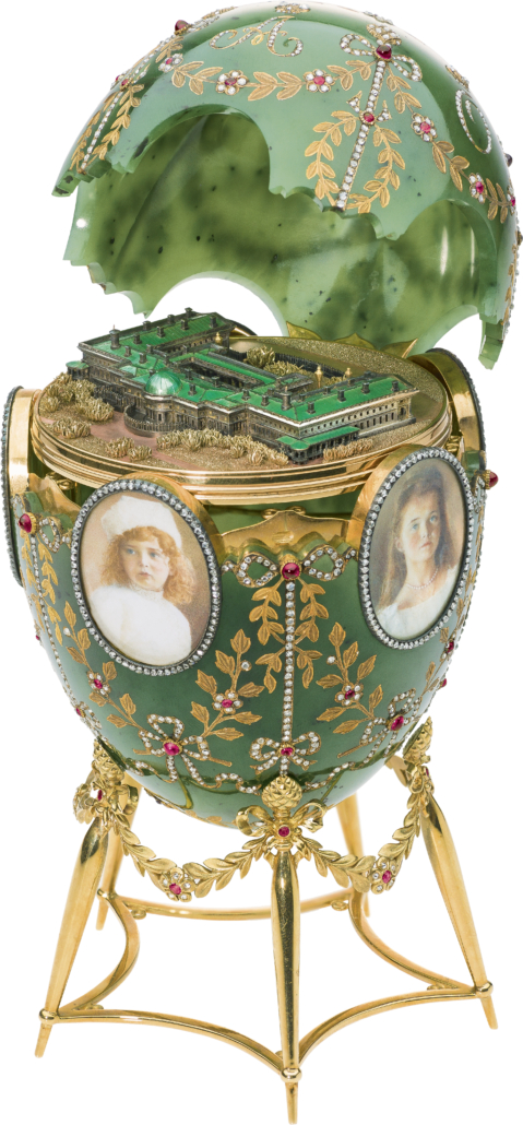 The Alexander Palace Egg, Faberge. Chief Workmaster Henrik Wigstrom (1862-1923), gold, silver, enamel, diamonds, rubies, nephrite, rock crystal, glass, wood, velvet, bone. 1908 © The Moscow Kremlin Museums 