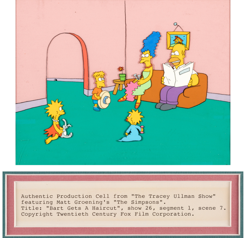  1987 ‘Tracey Ullman Show’-era ‘Simpsons’ production cel setup, $9,300. Photo credit: Heritage Auctions, HA.com