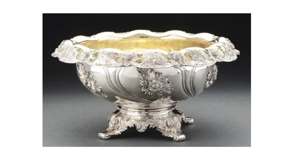 A circa 1891-1902 Tiffany & Co. sterling silver punch bowl in the Chrysanthemum pattern sold for $22,500 plus the buyer’s premium in June 2018. Image courtesy of Dan Morphy Auctions and LiveAuctioneers