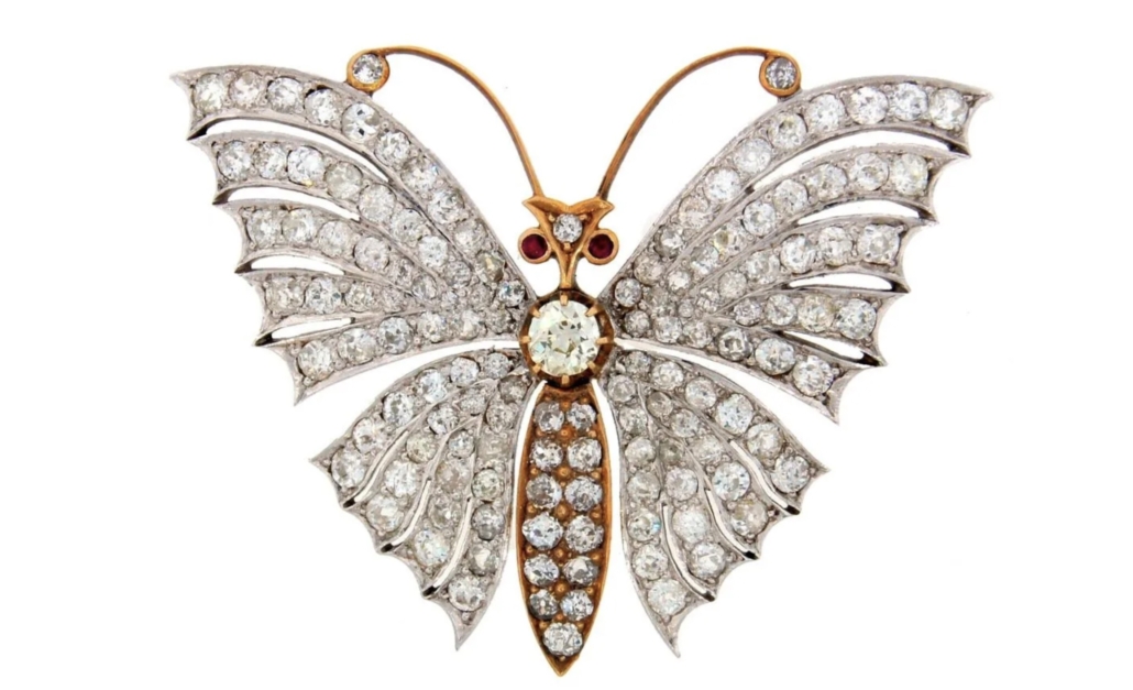 Circa-1900 French butterfly brooch with diamonds and rubies, est. $15,000-$18,000