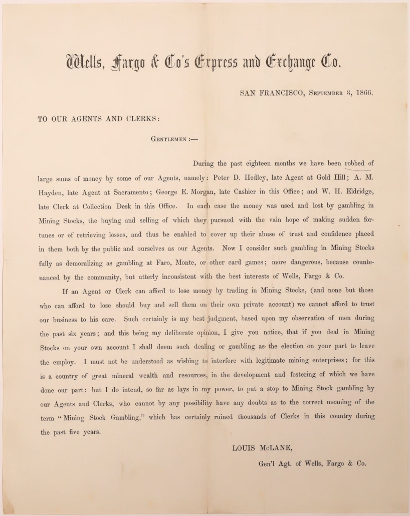 1866 Wells Fargo & Company handbill, est. $2,000-$4,000