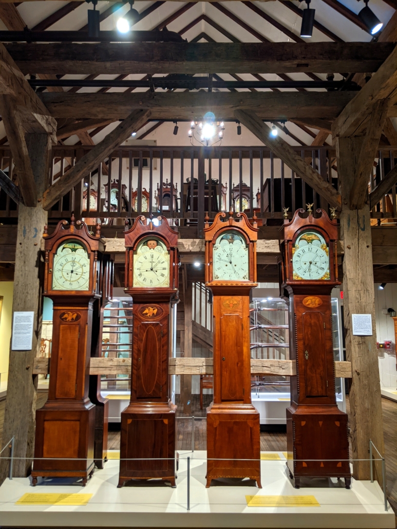 A tall clock exhibit at The John J. Snyder, Jr. Gallery of Early Lancaster County Decorative Arts at Historic Rock Ford. 