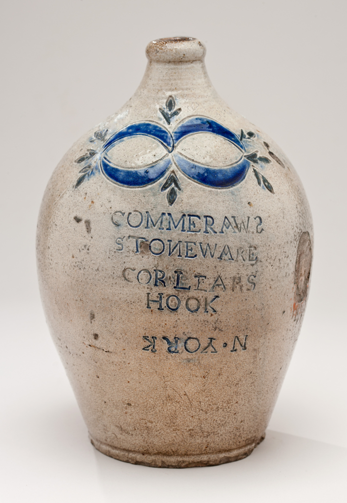 Thomas Commeraw, Jug, 1797- 1819, New York, NY. Stoneware, cobalt oxide. Impressed on front: "COMMERAW'S/STONEWARE/ CORLEARS/HOOK/N. YORK". New-York Historical Society, purchased from Elie Nadelman, 1937.820. 