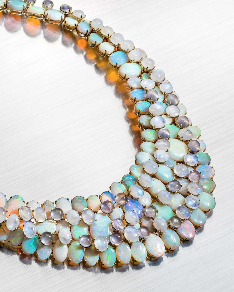 A Tony Duquette 18K white gold bracelet set with opal, rock crystal and moonstone brought $22,500 plus the buyer’s premium in May 2021 at Hindman. Image courtesy of Hindman and LiveAuctioneers
