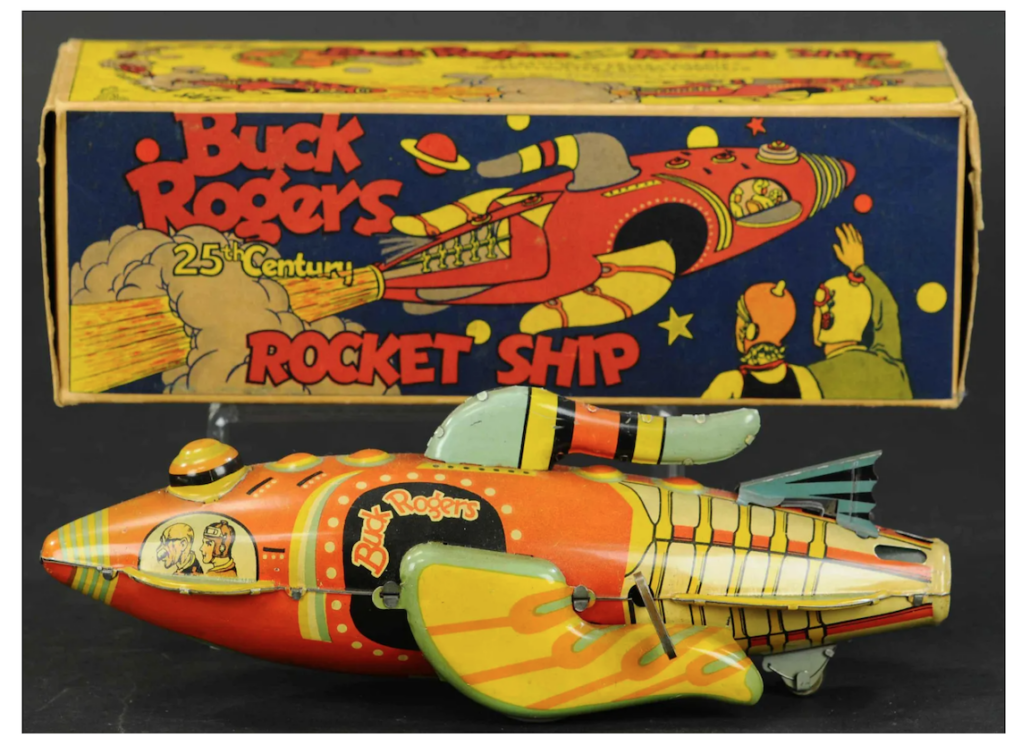 A Buck Rogers rocket ship, made by Marx and offered with its box, brought $2,000 plus the buyer’s premium at Bertoia Auctions in May 2020. Image courtesy of Bertoia Auctions and LiveAuctioneers.