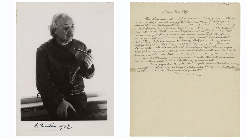 Left: Signed portrait photograph of Albert Einstein, est. $10,000-$15,000. Right: Single-page 1920 handwritten letter, in German, in which Einstein discusses his instant fame, est. $20,000-$30,000