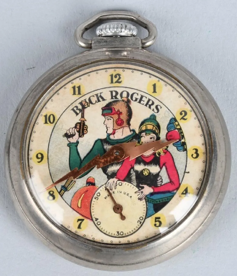 A 1935 Buck Rogers pocket watch realized $1,900 plus the buyer’s premium in November 2017 at Milestone Auctions. Image courtesy of Milestone Auctions and LiveAuctioneers.