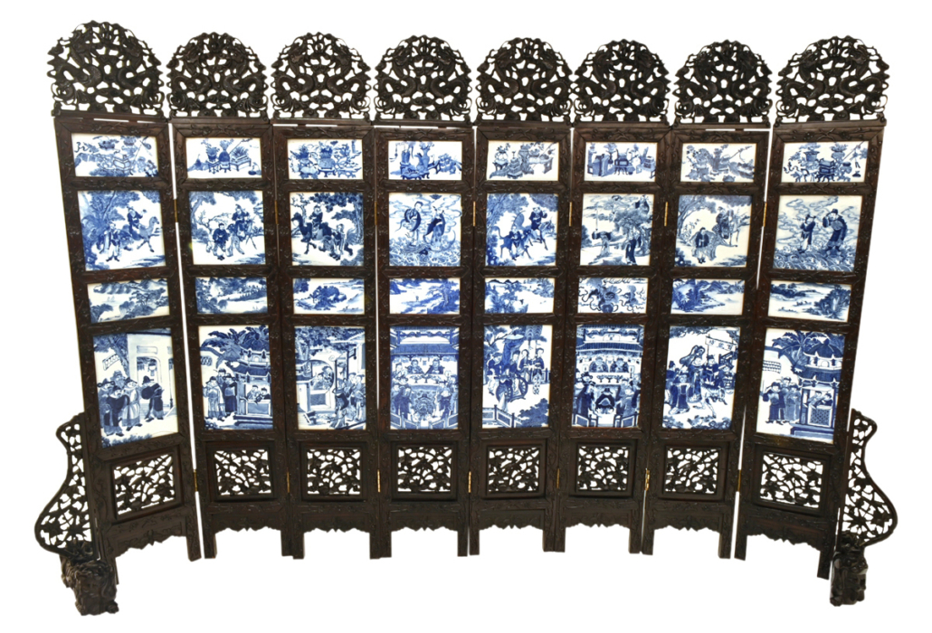 Eight-panel carved wooden screen with blue-and-white porcelain plaques, $16,800