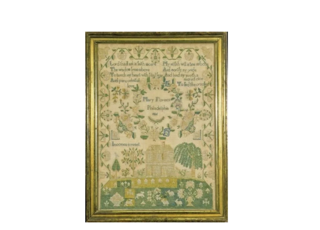 1826 needlework sampler from Philadelphia, est. $6,000-$7,000