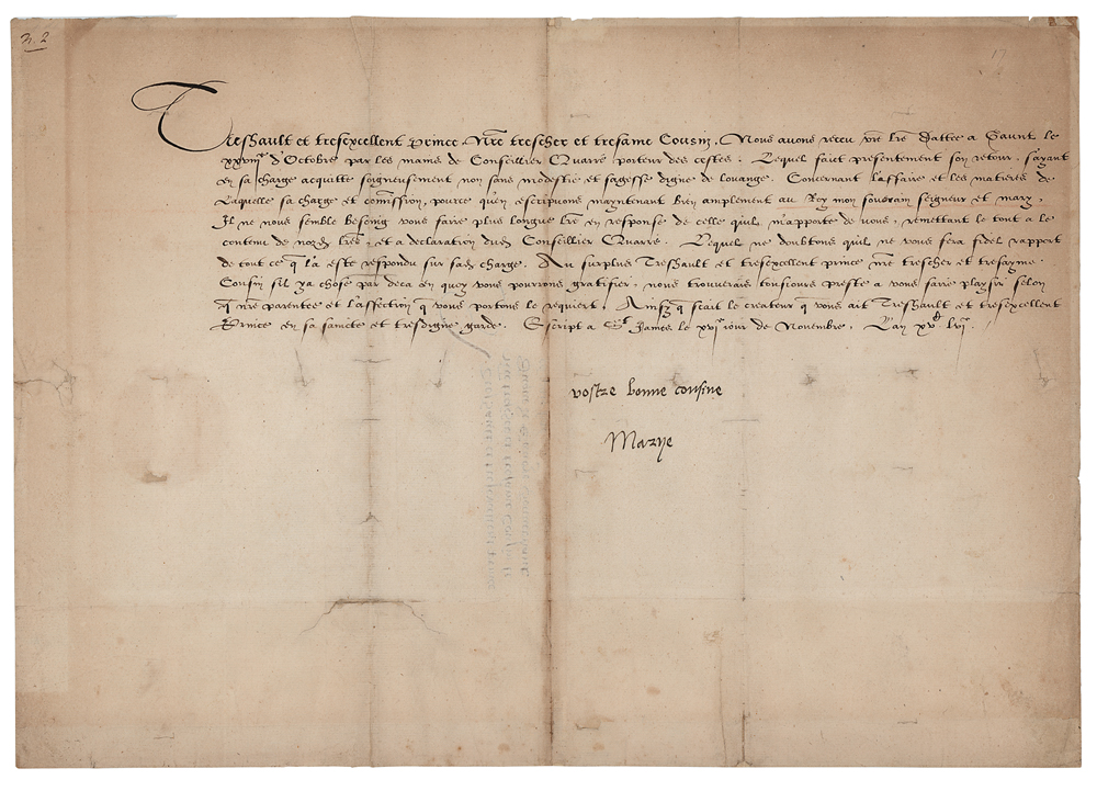 One-page letter penned in French and signed by Queen Mary I, est. $30,000-$40,000