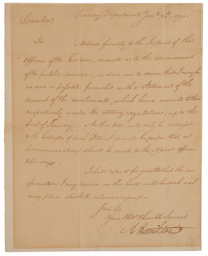 Treasury Department letter signed by Alexander Hamilton, $22,688